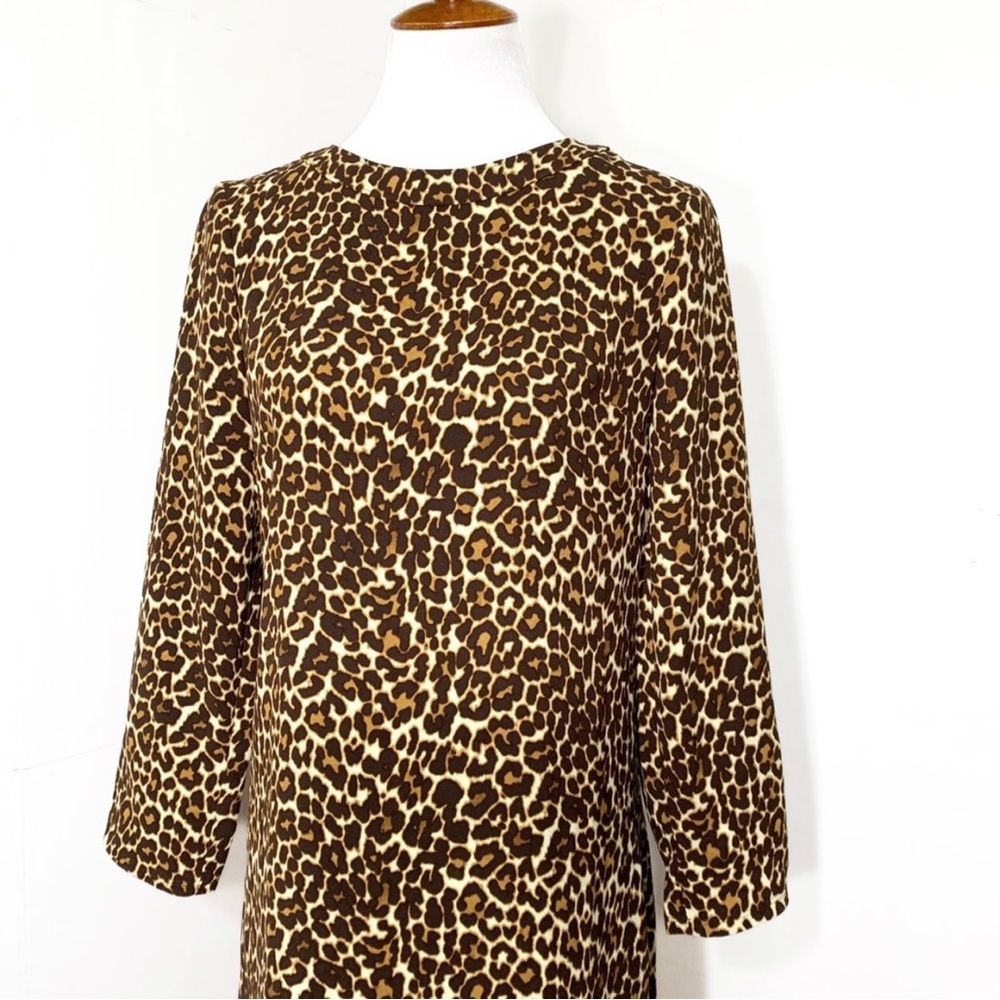 J. Crew Leopard Print Brown Cream Tan Black Long Sleeve Shift Dress - Picture 3 of 9